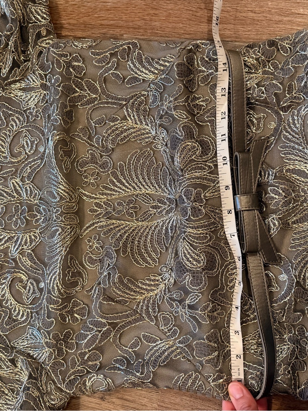 Tadashi Shoji Long Dress Women’s 6 Lace 3/4 Sleeves Belted Taupe Gold Modest NWT - Picture 11 of 14